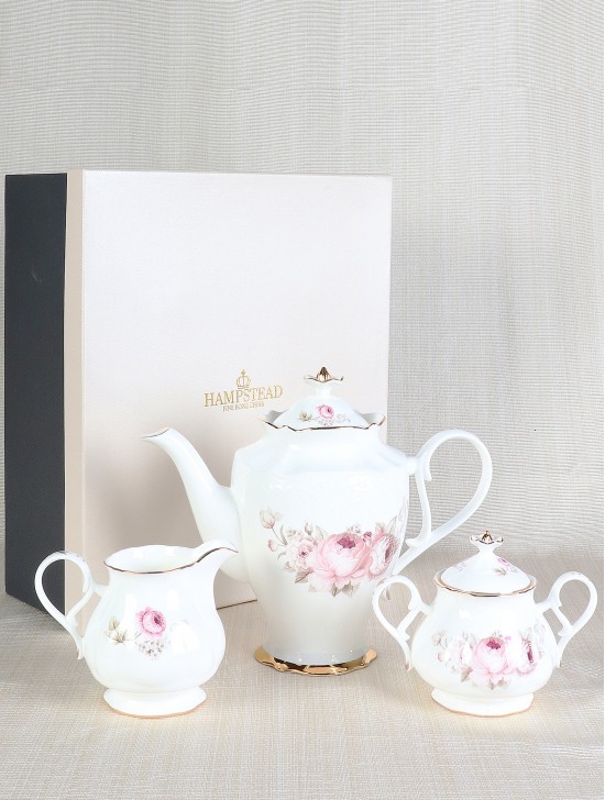 Pink Roses Tea Pot, Cream and Sugar Set